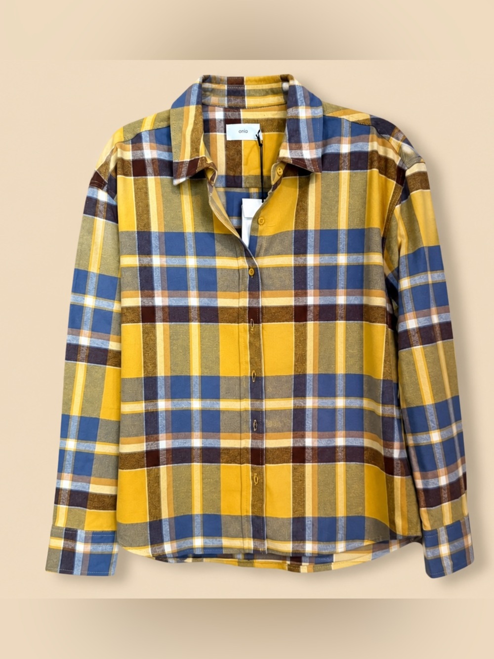 Onia Mustard Yellow and Slate Blue Plaid Flannel Shirt